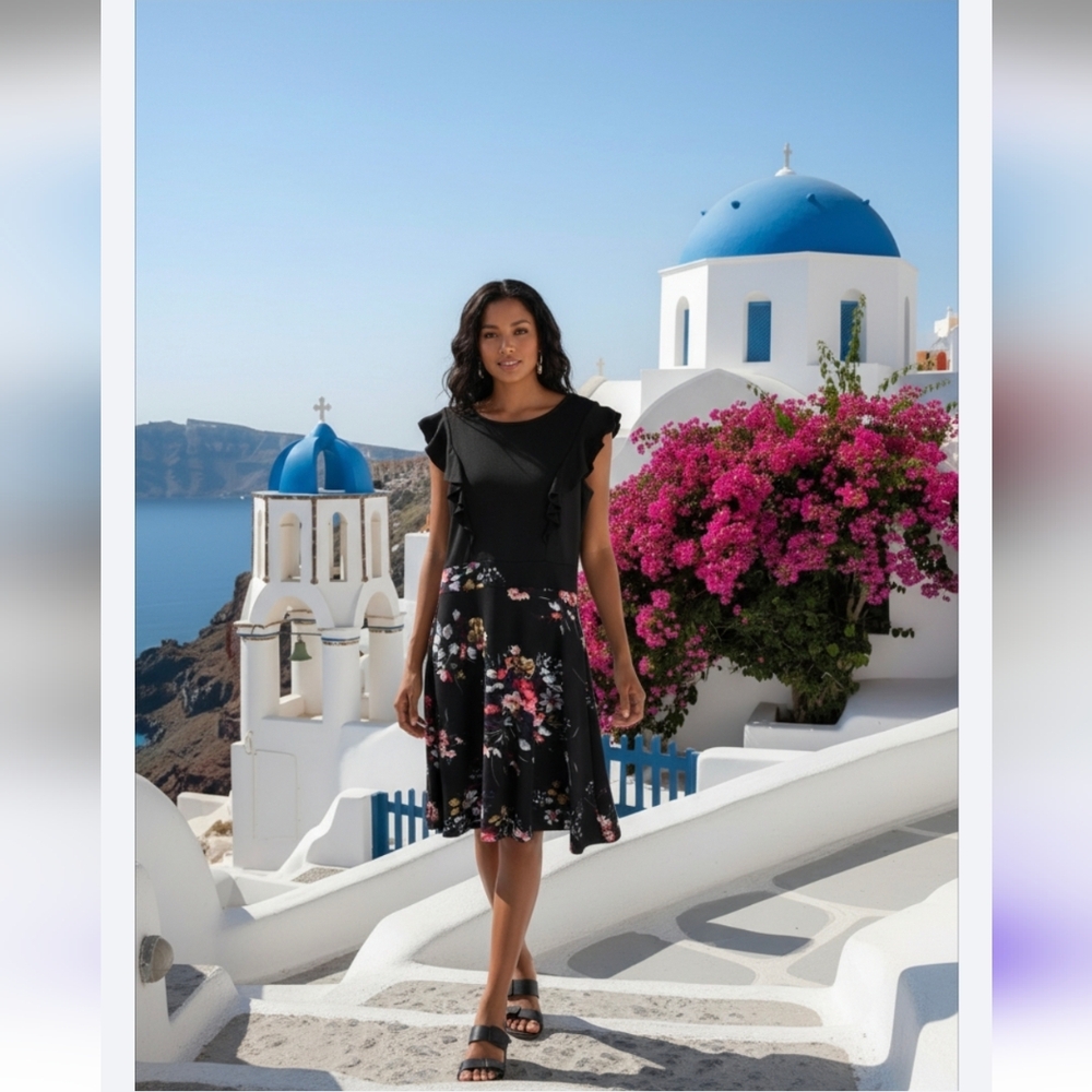 🌸 Black Floral Midi Dress